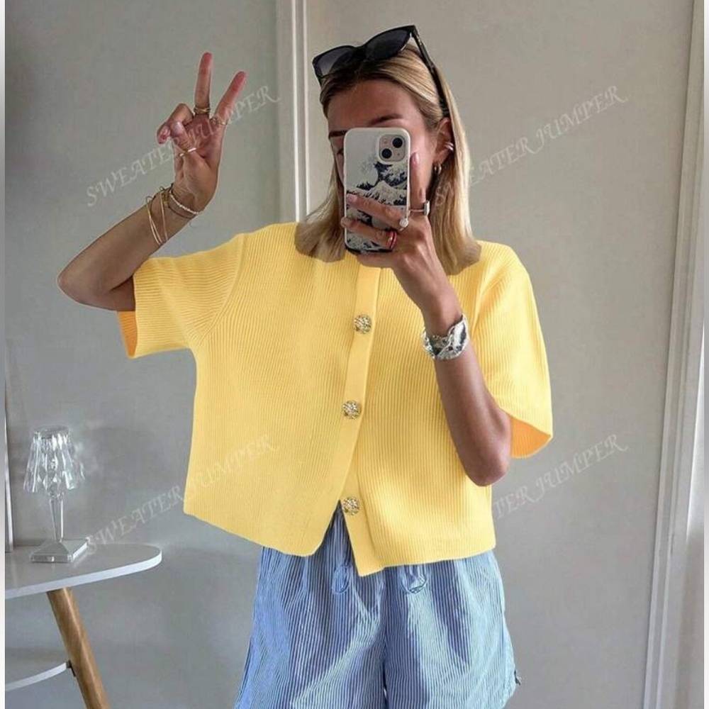 SHEIN Yellow Short Sleeve Button Down Shirt